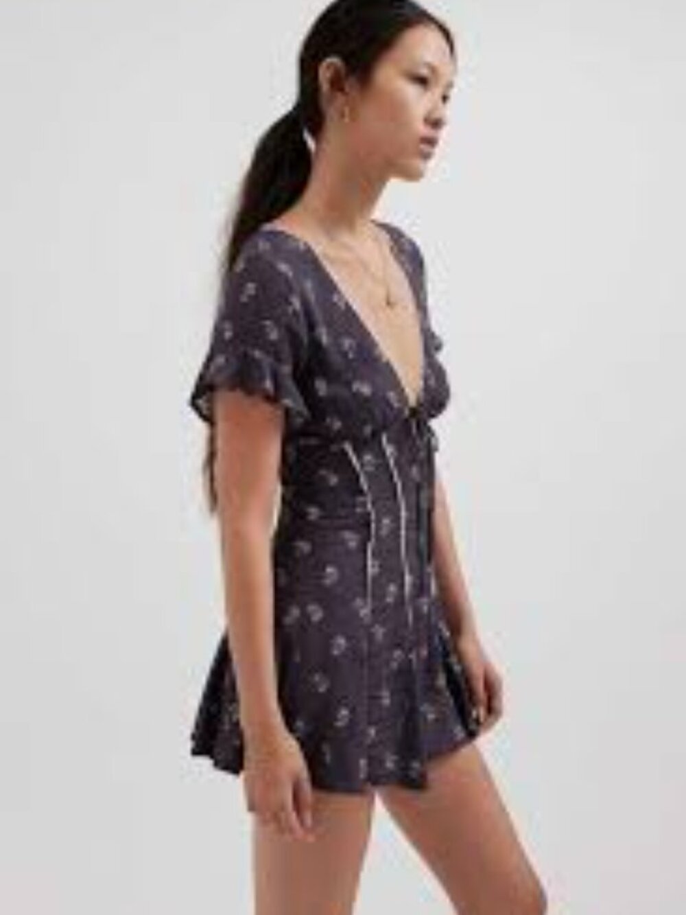 Kimchi Blue Black Floral Short Sleeve Romper with Lace Trim